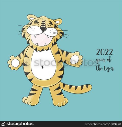 Symbol of 2022. Vector illustration with tiger in hand draw style. New Year 2022. Friendly tiger, hugs. Pastel animal for cards, calendars, posters, flyers. Faces of tigers. Symbol of 2022. Tigers in hand draw style. New Year 2022