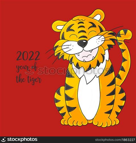 Symbol of 2022. Vector illustration with tiger in hand draw style. New Year 2022. The tiger is sitting. Bright animal for cards, calendars, posters, flyers. Faces of tigers. Symbol of 2022. Tigers in hand draw style. New Year 2022