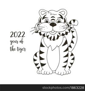 Symbol of 2022. Vector illustration with tiger in hand draw style. New Year 2022. The tiger is sitting. Coloring animal for calendars, posters. Symbol of 2022. New Year card in hand draw style. Coloring illustration for postcards, calendars