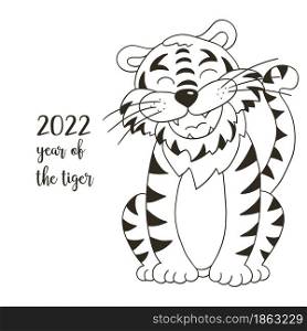 Symbol of 2022. Vector illustration with tiger in hand draw style. New Year 2022. The tiger is sitting. Coloring animal for cards, calendars, posters, flyers. Symbol of 2022. New Year card in hand draw style. Coloring illustration for postcards, calendars