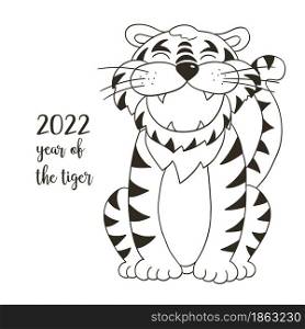 Symbol of 2022. Vector illustration with tiger in hand draw style. New Year 2022. The tiger is sitting. Coloring animal for cards, calendars, posters. Symbol of 2022. New Year card in hand draw style. Coloring illustration for postcards, calendars