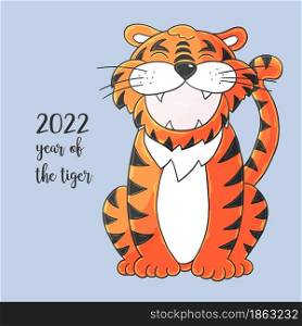 Symbol of 2022. Vector illustration with tiger in hand draw style. New Year 2022. The tiger is sitting. Pastel animal for cards, calendars, posters. Faces of tigers. Symbol of 2022. Tigers in hand draw style. New Year 2022