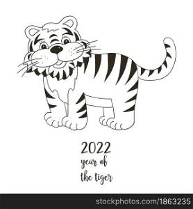 Symbol of 2022. Vector illustration with tiger in hand draw style. New Year 2022. The tiger is standing. Coloring animal for cards, calendars, posters, flyers. Symbol of 2022. New Year card in hand draw style. Coloring illustration for postcards, calendars