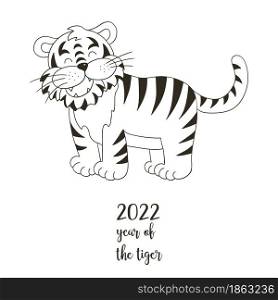 Symbol of 2022. Vector illustration with tiger in hand draw style. New Year 2022. The tiger is standing. Coloring animal for cards, calendars, posters. Symbol of 2022. New Year card in hand draw style. Coloring illustration for postcards, calendars