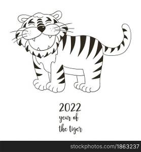 Symbol of 2022. Vector illustration with tiger in hand draw style. New Year 2022. The tiger is standing. Coloring animal for cards, calendars. Symbol of 2022. New Year card in hand draw style. Coloring illustration for postcards, calendars