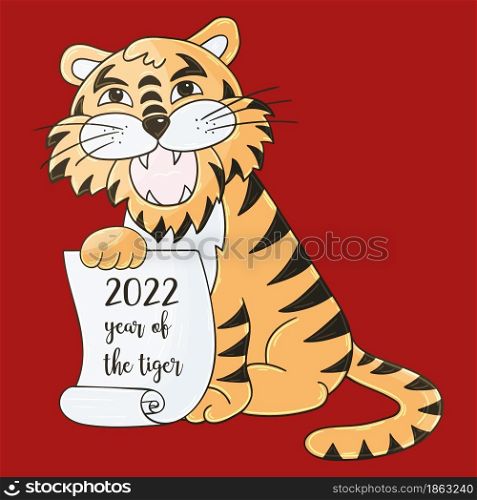 Symbol of 2022. Vector illustration with tiger in hand draw style. New Year 2022. The tiger sits and holds a scroll. Bright animal for cards, calendars. Faces of tigers. Symbol of 2022. Tigers in hand draw style. New Year 2022