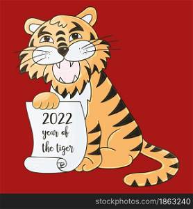 Symbol of 2022. Vector illustration with tiger in hand draw style. New Year 2022. The tiger sits and holds a scroll. Bright animal for cards, calendars. Faces of tigers. Symbol of 2022. Tigers in hand draw style. New Year 2022