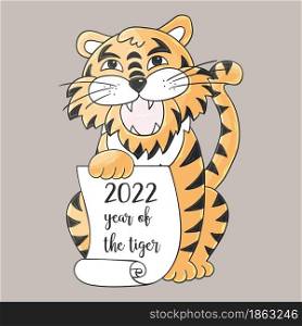 Symbol of 2022. Vector illustration with tiger in hand draw style. New Year 2022. The tiger sits and holds a scroll. Pastel animal for cards. Faces of tigers. Symbol of 2022. Tigers in hand draw style. New Year 2022