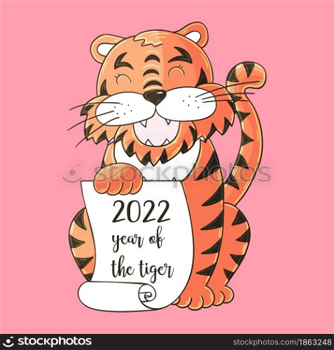 Symbol of 2022. Vector illustration with tiger in hand draw style. New Year 2022. The tiger sits and holds a scroll. Pastel animal. Faces of tigers. Symbol of 2022. Tigers in hand draw style. New Year 2022