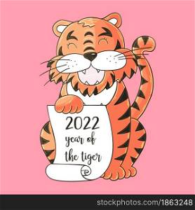 Symbol of 2022. Vector illustration with tiger in hand draw style. New Year 2022. The tiger sits and holds a scroll. Pastel animal. Faces of tigers. Symbol of 2022. Tigers in hand draw style. New Year 2022