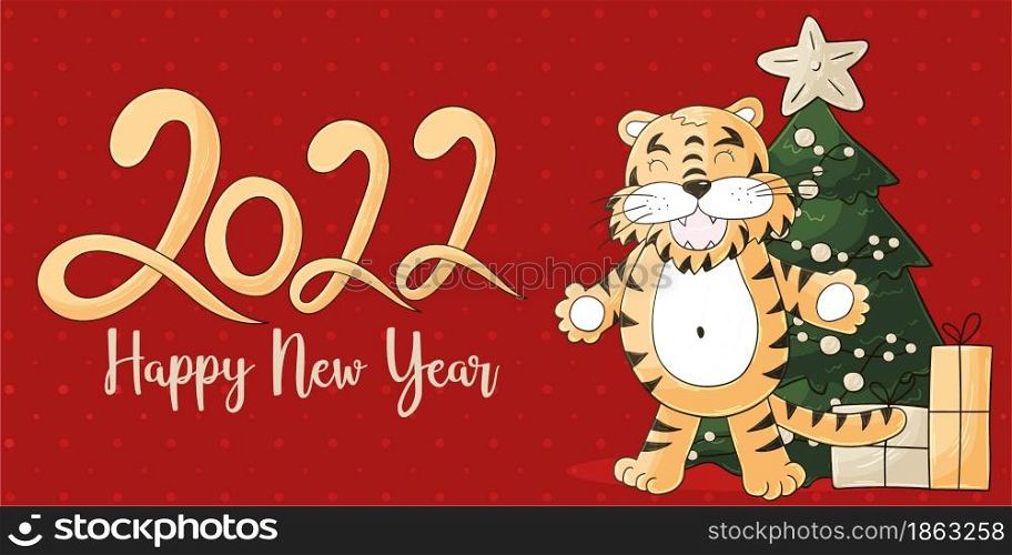 Symbol of 2022. Yellow vector greeting card with a tiger in hand draw style. New Year. Lettering 2022. Bright illustration for cards, calendars, posters. Faces of tigers. Symbol of 2022. Tigers in hand draw style. New Year 2022