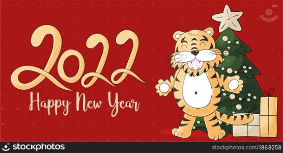 Symbol of 2022. Yellow vector greeting card with a tiger in hand draw style. New Year. Lettering 2022. Bright illustration for cards, calendars, posters. Faces of tigers. Symbol of 2022. Tigers in hand draw style. New Year 2022