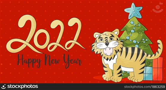 Symbol of 2022. Yellow vector greeting card with a tiger in hand draw style. New Year. Lettering 2022. Bright illustration for cards, calendars. Faces of tigers. Symbol of 2022. Tigers in hand draw style. New Year 2022