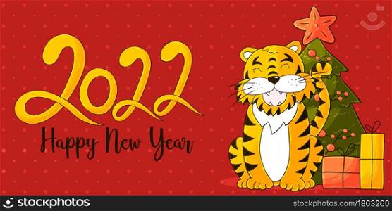 Symbol of 2022. Yellow vector greeting card with a tiger in hand draw style. New Year. Lettering 2022. Bright illustration. Faces of tigers. Symbol of 2022. Tigers in hand draw style. New Year 2022