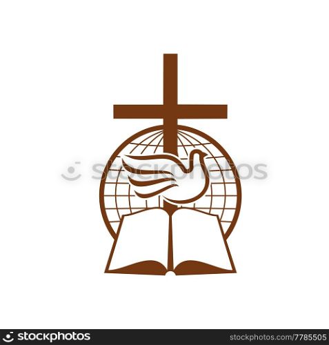 Symbol of christianity with globe, Bible book and dove. Christian religion, church or mission outline vector sign. Christian community emblem with sacred symbols and globe. Symbol of christianity with globe, Bible and dove