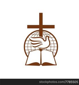 Symbol of christianity with globe, Bible book and dove. Christian religion, church or mission outline vector sign. Christian community emblem with sacred symbols and globe. Symbol of christianity with globe, Bible and dove