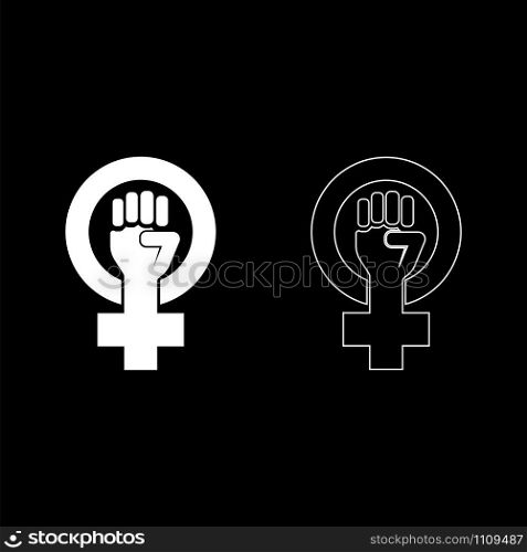 Symbol of feminism movement Gender women resist Fist hand in round and cross icon outline set white color vector illustration flat style simple image