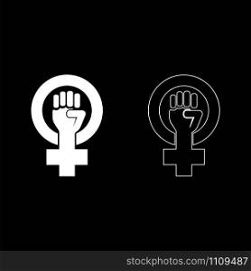 Symbol of feminism movement Gender women resist Fist hand in round and cross icon outline set white color vector illustration flat style simple image
