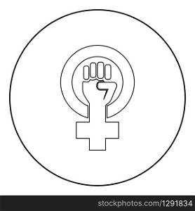 Symbol of feminism movement Gender women resist Fist hand in round and cross icon in circle round outline black color vector illustration flat style simple image. Symbol of feminism movement Gender women resist Fist hand in round and cross icon in circle round outline black color vector illustration flat style image