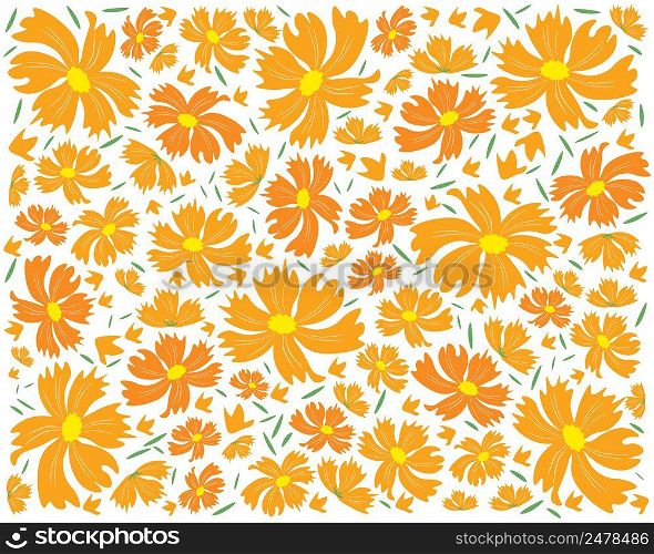 Symbol of Love, Illustration Background of Bright and Beautiful Orange Cosmos Flowers or Cosmos Bipinnatus Isolated on White Background.