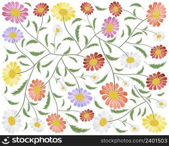 Symbol of Love, Illustration Background of Bright and Beautiful Pink, Red, White, Orange Yellow and Purple Daisy or Gerbera Flowers in A Green Garden for Home and Building Decoration.