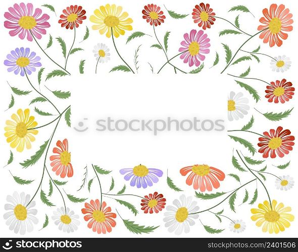 Symbol of Love, Illustration Frame of Bright and Beautiful Pink, Red, White, Orange Yellow and Purple Daisy or Gerbera Flowers in A Green Garden for Home and Building Decoration.