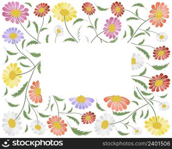 Symbol of Love, Illustration Frame of Bright and Beautiful Pink, Red, White, Orange Yellow and Purple Daisy or Gerbera Flowers in A Green Garden for Home and Building Decoration.