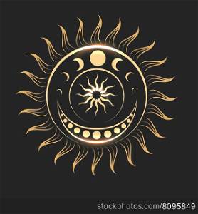 Symbol of Sun and Moon Phases Ancient Esoteric Illustration isolated on black background. Vector illustration.