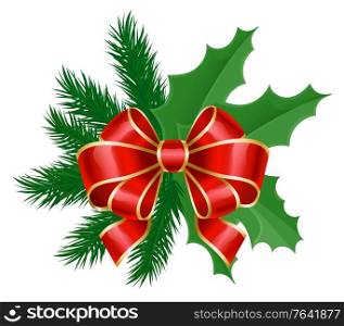 Symbolic christmas decoration. Isolated mistletoe with fir tree branches, pine cone and red ribbon bow decor. Greenery decorated with snowflakes ornaments. Xmas and new year adornment vector. Mistletoe and Pine Tree Branch with Ribbon Bow
