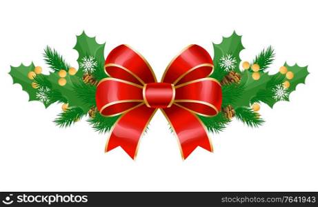 Symbolic christmas decoration. Isolated mistletoe with fir tree branches, pine cone and red ribbon bow decor. Greenery decorated with snowflakes ornaments. Xmas and new year adornment vector. Mistletoe and Pine Tree Branch with Ribbon Bow