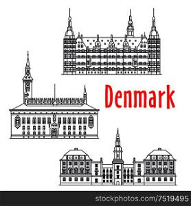 Symbolic travel landmarks of Denmark icon with Copenhagen City Hall on the City Hall Square, palatial complex Frederiksborg Castle, government building Christiansborg Palace, thin line style. Symbolic travel sights of Denmark thin line icon