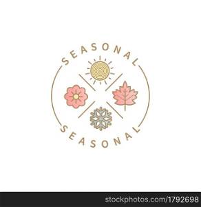 Symbols for 4 seasons. Icon set with signs for hot summer,cold winter,red autumn and green spring. Snowflake, maple leaf, sun and flower. Great template for logo, web, design. Vector illustration.. Symbols for 4 seasons,summer,autumn,winter,spring.