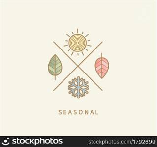 Symbols for four seasons. Icon set with signs for hot summer,cold winter,red autumn and green spring. Snowflake, red and green leaf, sun. Great template for logo, web, design. Vector illustration.. Symbols for four seasons.