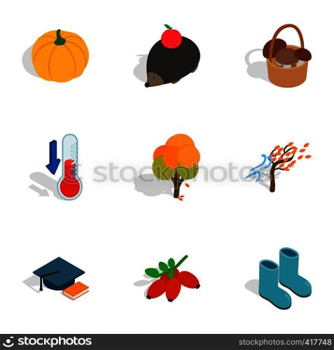 Symbols of autumn icons set. Isometric 3d illustration of 9 symbols of autumn vector icons for web. Symbols of autumn icons, isometric 3d style