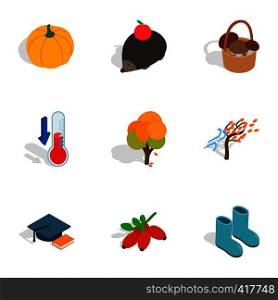 Symbols of autumn icons set. Isometric 3d illustration of 9 symbols of autumn vector icons for web. Symbols of autumn icons, isometric 3d style