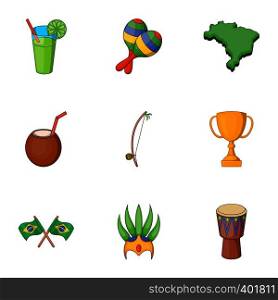 Symbols of Brazil icons set. Cartoon illustration of 9 symbols of Brazil vector icons for web. Symbols of Brazil icons set, cartoon style