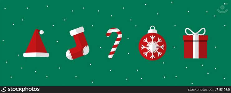 Symbols of Christmas and new year. Santa hat, sock, cane, gift, glass ball on a green background. flat design.