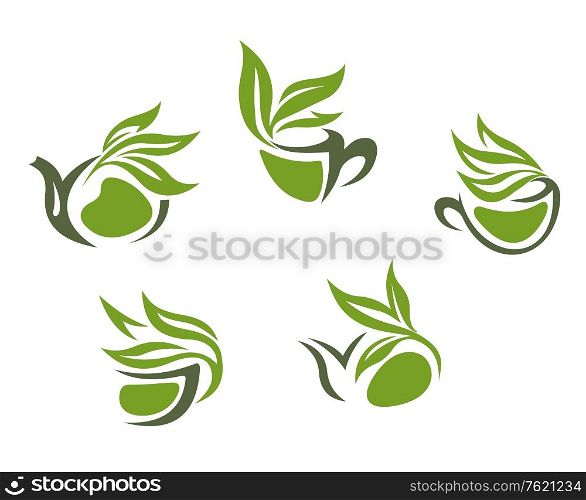 Symbols of green herbal tea isolated on white background