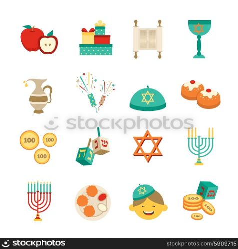 Symbols Of Hanukkah Icons Set. Various symbols and items of hanukkah celebration flat icons set isolated vector illustration
