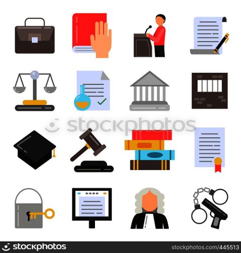 Symbols of legal regulations. Juridical icons set in flat style. Legal juridical, tribunal and judgment, law anb gavel, vector illustration. Symbols of legal regulations. Juridical icons set in flat style