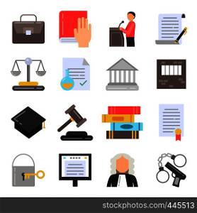 Symbols of legal regulations. Juridical icons set in flat style. Legal juridical, tribunal and judgment, law anb gavel, vector illustration. Symbols of legal regulations. Juridical icons set in flat style