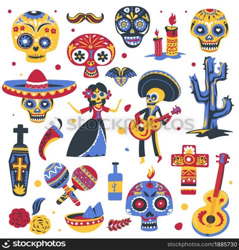 Symbols of mexican holiday day of the dead. Skeletons with musical instruments wearing costumes, maracas and sombrero, traditional meal and mustache. Coffin and cross, calavera vector in flat style. Day of the dead traditional symbols of mexican holiday