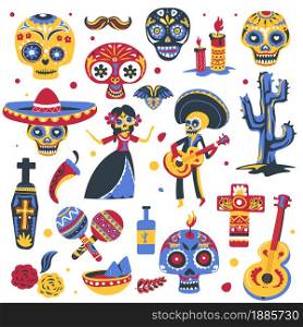Symbols of mexican holiday day of the dead. Skeletons with musical instruments wearing costumes, maracas and sombrero, traditional meal and mustache. Coffin and cross, calavera vector in flat style. Day of the dead traditional symbols of mexican holiday
