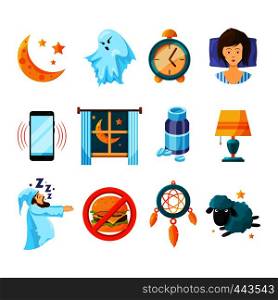 Symbols of night. Sleeping icon set. Insomnia and sleep night, dream and nap, vector illustration. Symbols of night. Sleeping icon set. Insomnia
