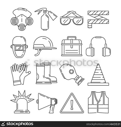 Symbols of safety work. Protection for health occupations. Vector illustrations in linear style. Safety protection equipment and protect professional. Symbols of safety work. Protection for health occupations. Vector illustrations in linear style
