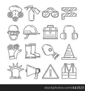 Symbols of safety work. Protection for health occupations. Vector illustrations in linear style. Safety protection equipment and protect professional. Symbols of safety work. Protection for health occupations. Vector illustrations in linear style