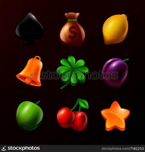 Symbols of slot machine. Set of vector realistic pictures. Illustration of star and lemon, bell and apple, realistic leaf. Symbols of slot machine. Set of vector realistic pictures