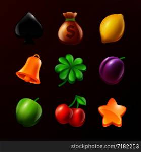 Symbols of slot machine. Set of vector realistic pictures. Illustration of star and lemon, bell and apple, realistic leaf. Symbols of slot machine. Set of vector realistic pictures