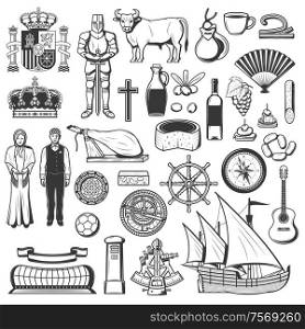 Symbols of Spain food, heraldry, culture, sport and religion, history and traditions. Vector Spanish people in national cloth, wine and corrida bullfighting, jamon and food, sextant, ship and compass. Spain symbols, traditions, food and drinks