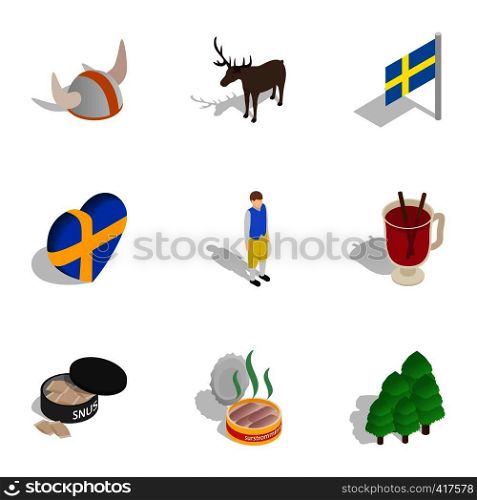 Symbols of Sweden icons set. Isometric 3d illustration of 9 symbols of Sweden vector icons for web. Symbols of Sweden icons set, isometric 3d style